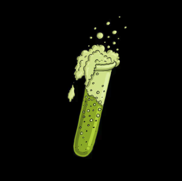 A cartoon illustration of a green test tube bubbling and overflowing with green liquid against a black background.