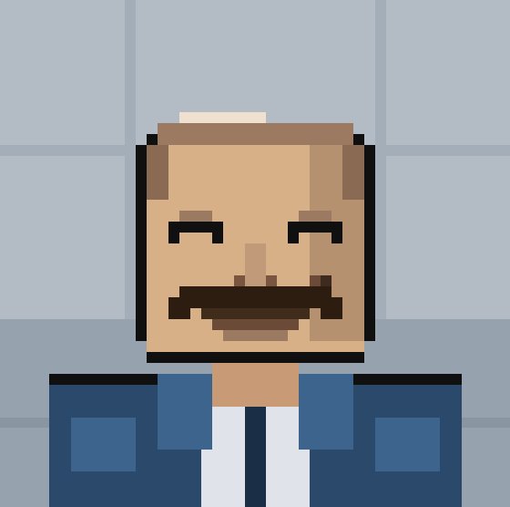 A pixel art rendering of a bald man with a thick brown mustache, closed eyes, and a wide smile, wearing a blue jacket over a white shirt against a blue tiled background.