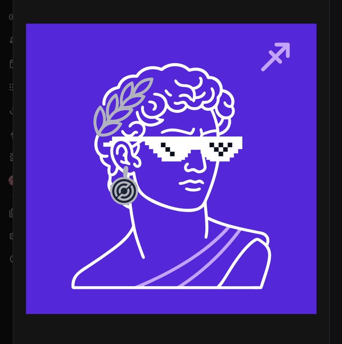 A stylized illustration of a classical Greek bust with a laurel wreath wearing pixelated 'deal with it' sunglasses, set against a purple background with the Sagittarius zodiac symbol in the corner.