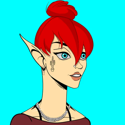 A digital illustration of an elf-eared character with bright red hair styled in a bun, blue eyes, a small plant earring, and a silver necklace against a turquoise background.
