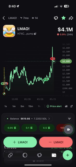 iphone screen displays a stock chart with a green line and red dots, accompanied by text indicating the price of $4.1m and a balance of $9.6m.