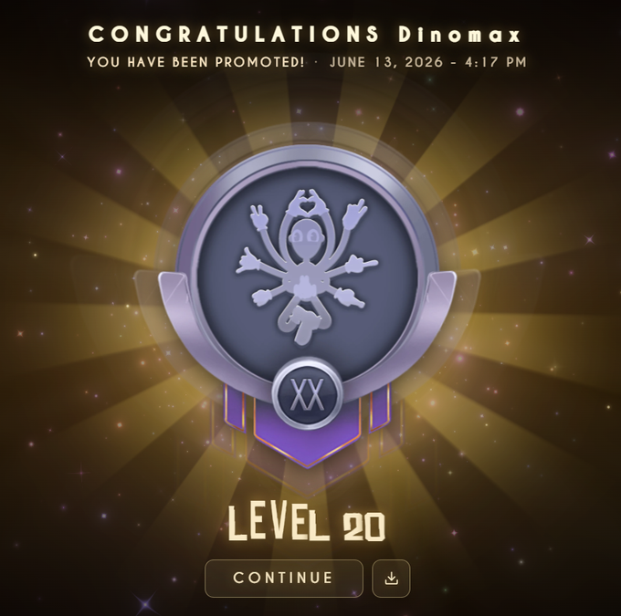 The image features a purple circle with an X inside of it, which appears to be a level 20 achievement for a video game. The background of the image has stars scattered throughout, giving it a starry night theme. The text "Congratulations Dinomax" is also present in the image.