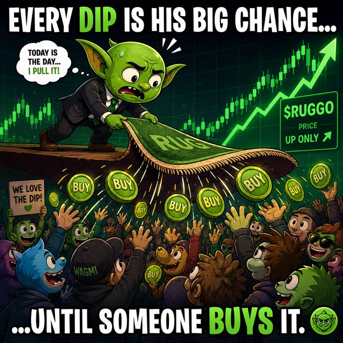 A colorful crypto meme showing a goblin character in a suit unveiling a '$RUGGO' rug to an excited crowd, with text 'EVERY DIP IS HIS BIG CHANCE... TODAY IS THE DAY... I PULL IT!' and '...UNTIL SOMEONE BUYS IT.'