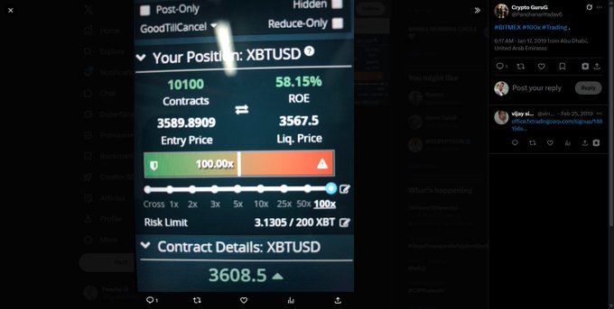 A screenshot of a BitMEX trading interface showing an XBTUSD position with 100.00× leverage—exactly matching the legendary 100x leveraged Bitcoin trade referenced in the nostalgic January 2019 crypto veteran post.