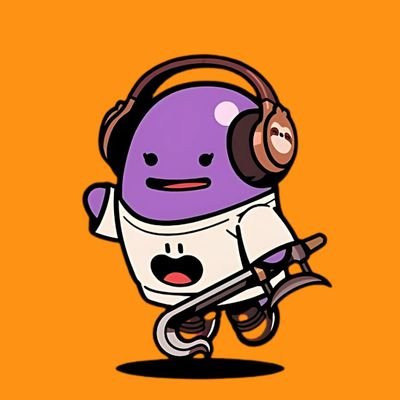 A purple cartoon character wearing headphones and a white shirt holds a pickaxe on a solid orange background.