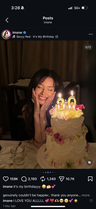 An Instagram post screenshot from user 'imane' celebrating her 19th birthday with a tiered cake and lit candles, with the caption 'it's my birthdayyy'.