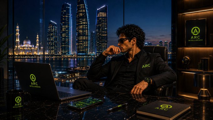 The image features a man sitting at his desk, wearing a suit and sunglasses while looking out of an office window with city lights visible through the glass. There are two laptops present on the desk - one near the center and another towards the left side. A cell phone is also placed on the desk. The scene suggests that the man might be working or contemplating something important in front of a captivating view, possibly related to the post about Quantum Echoes.