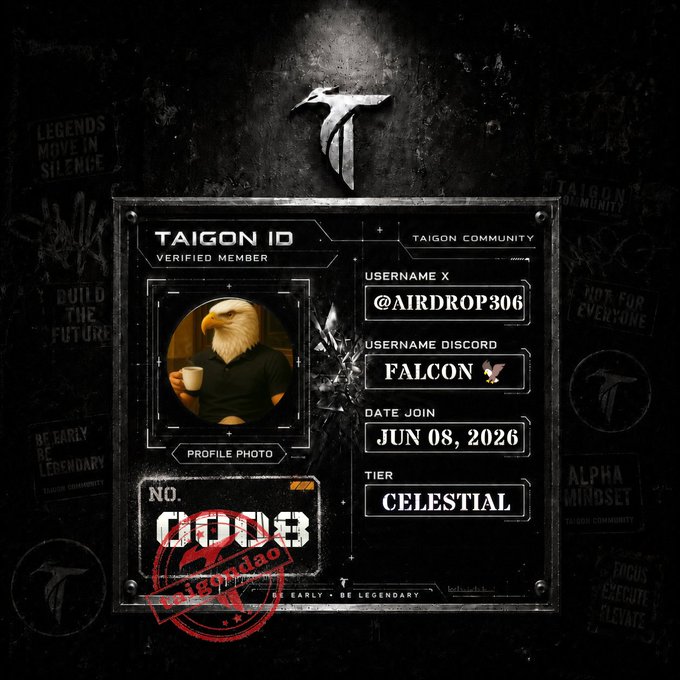 The image features a poster for TaigonDAO, which is an early stage blockchain platform that focuses on community-driven growth. The poster includes a profile photo of an eagle holding a cup with its wings spread wide. The text on the poster reads "THE JOURNEY BEGINS. TaigonDAO is officially LIVE A home for early alpha, NFT enjoyers, trench warriors, KOLs & real community-driven growth. Built before the next wave hits. If you'r serious about onchain alpha and actual growth... pull up. Join here". The poster also includes a red stamp in the bottom left corner that reads "0080".