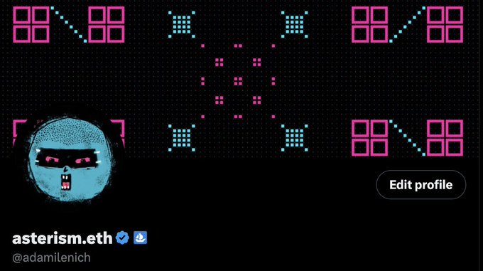 A profile page with a pixel-art avatar of a blue skull-headed character with sunglasses, displayed username 'asterism.eth' (@adamilenich), set against a dark grid background.