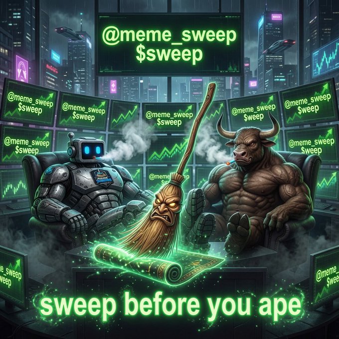 A bullish crypto-themed scene features a muscular bull and a robot seated in front of glowing screens displaying "@meme_sweep $sweep" with upward-trending charts, while a wizard's broom sits on a scroll in the foreground above the tagline "sweep before you ape," visually reinforcing the post's message about @meme_sweep building safer Solana infrastructure tools.