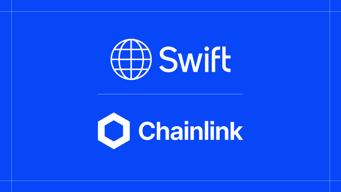 The image features the Swift logo (with its globe icon) above the Chainlink logo (with its hexagonal icon), set against a blue background. This visual reinforces the post's announcement of a collaboration between SWIFT and Chainlink ($LINK) to demonstrate automated, cross-chain dividend distribution for tokenized stocks.