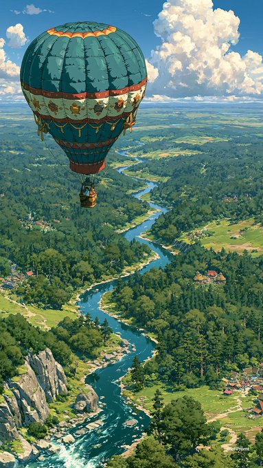 A teal and brown hot air balloon floating over a lush green landscape with a winding river, rocky cliffs, and small settlements under a partly cloudy sky.