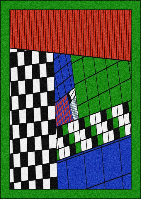 An abstract geometric pattern featuring a black and white checkerboard alongside red, blue, and green sections with grid lines, set against a green border.