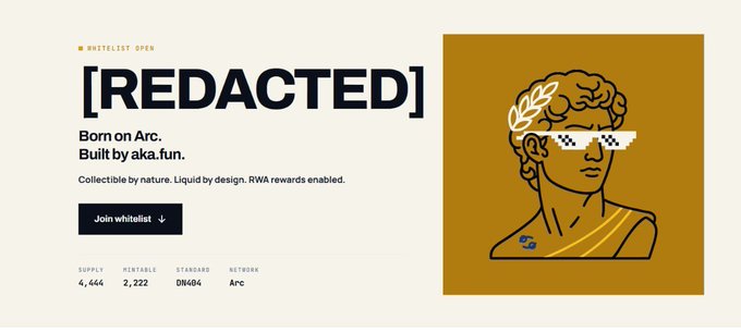A webpage graphic with '[REDACTED]' as the main heading, describing a project 'Born on Arc. Built by aka.fun', featuring a pixel-art classical bust with sunglasses and a laurel wreath on a mustard-yellow background.