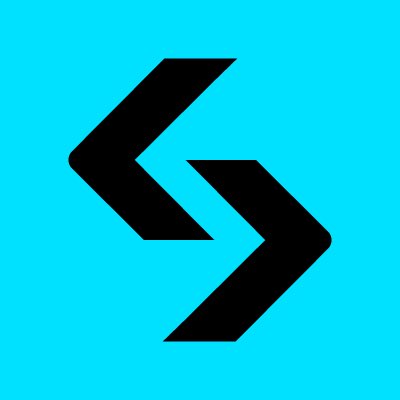 A minimalist logo featuring two black interlocking arrow shapes pointing to the right, set against a bright turquoise background.