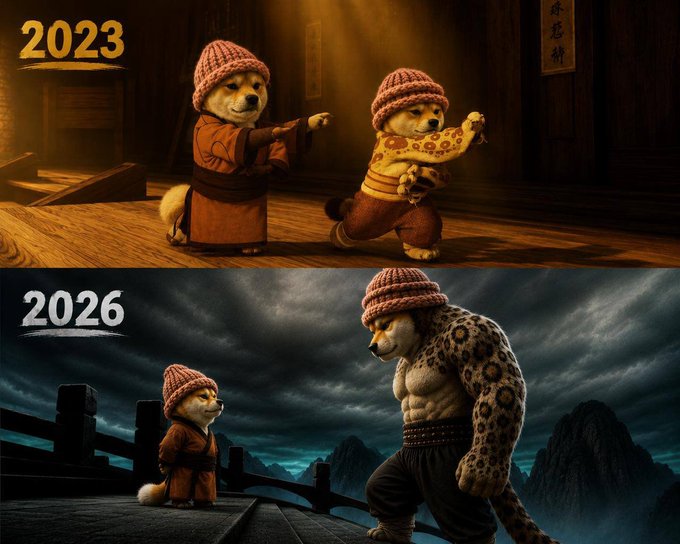 A two-panel meme comparing '2023' and '2026', showing the Shiba Inu 'Cheems' as a small monk being trained by a larger, muscular cheetah-like figure in a dojo.