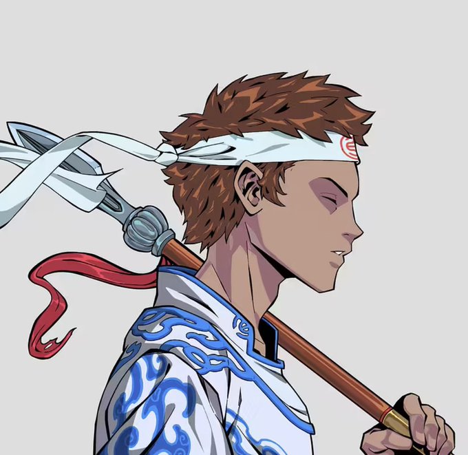 An anime-style side profile of a brown-haired character wearing a white headband with a red symbol, dressed in white and blue robes, carrying a spear with a red ribbon over their shoulder.