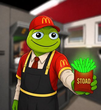 A cartoon image depicts Pepe the Frog dressed as a McDonald's employee holding a container of fries labeled "$TOAD", referencing the meme coin.