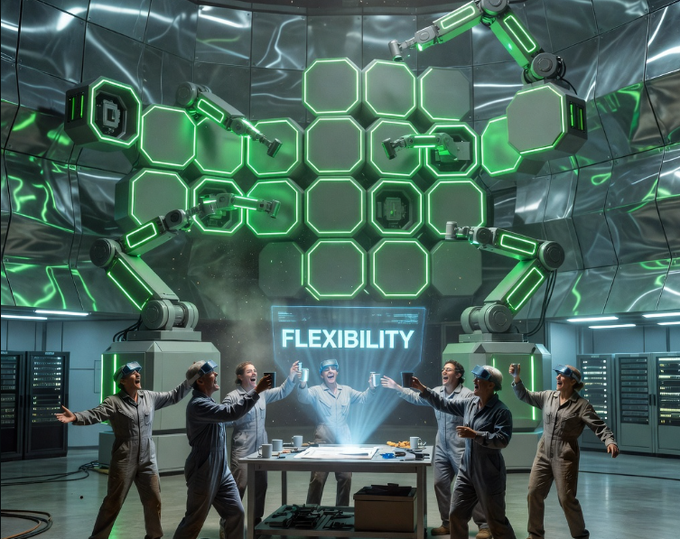 The image features a group of people standing around a table, with one person holding up a phone that displays "FLEXIBILITY". The group appears to be engaged in an activity or discussion related to flexibility, possibly for a project or presentation. The setting is indoors and has a futuristic design, which suggests the context could be related to technology, innovation, or even a virtual reality experience.