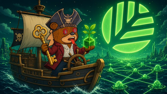 A digital illustration of a pirate bear with X-shaped eyes holding a key and a small plant, standing at the helm of a ship sailing on a grid-patterned ocean under a glowing green NS (NEM Symbol) logo.