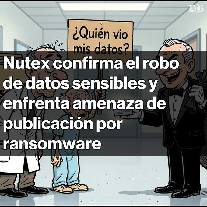 A Spanish-language news graphic from MB showing a cartoon of a well-dressed thief stealing credit card data from distressed people, with the headline 'Nutex confirma el robo de datos sensibles y enfrenta amenaza de publicación por ransomware'.