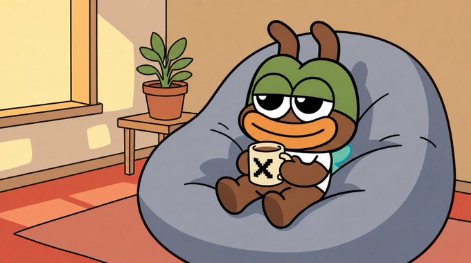 A cartoon character wearing a green hat and white diaper sits in a large gray bean bag chair, holding a white mug with a black 'X' design, with a potted plant visible in the background.