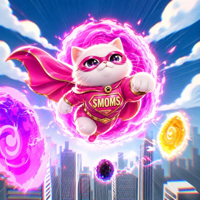 An AI-generated image of a cute white cat dressed as a superhero in a pink costume with a cape and mask, displaying '$MOMS' on its chest, flying through a pink energy portal over a city.