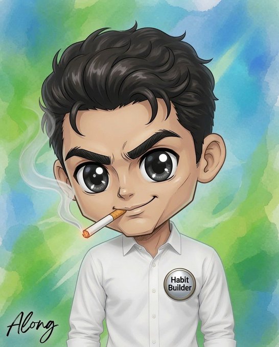 A chibi-style cartoon illustration of a young man with dark curly hair wearing a 'Habit Builder' badge, smirking with a lit cigarette dangling from his mouth against a blue-green watercolor background.