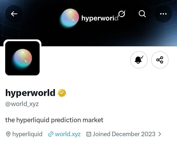 A Twitter/X profile page for verified account "hyperworld" (@world.xyz), described as "the hyperliquid prediction market," with the handle joined in December 2023 and linked to world.xyz. The username "hyperworld" appears prominently, matching the accompanying post.
