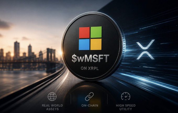 A glowing black coin displays the Microsoft four-square logo with "$wMSFT ON XRPL" text, set against a city skyline backdrop, symbolizing the launch of tokenized Microsoft shares on the XRP Ledger. The XRP "X" logo appears in a streak of light, reinforcing the post's announcement that $wMSFT is a permissionless real-world asset issuance on the XRPL's high-speed infrastructure.