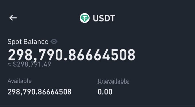 A screenshot of a crypto wallet showing a USDT spot balance of 298,790.86664508 (≈$298,791.49), with all funds available. The image supports the post's claim about having a large USDT balance ready to shift into altcoins.