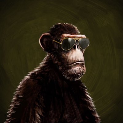 A painted portrait of a chimpanzee wearing aviator sunglasses, depicted with a serious expression against a dark olive green background.