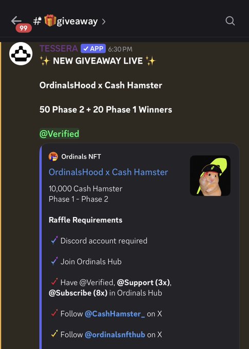 A Discord announcement from TESSERA (verified app) promotes an "OrdinalsHood x Cash Hamster" giveaway featuring 10,000 Cash Hamster NFTs, with 50 Phase 2 and 20 Phase 1 winners, contingent on joining Ordinals Hub, completing the @Verified role, and following both @CashHamster_ and @Ordinalsnfthub on X. The post's caption aligns by highlighting the paid mint structure and two-phase lottery format, while implicitly reinforcing these same eligibility requirements before participation.