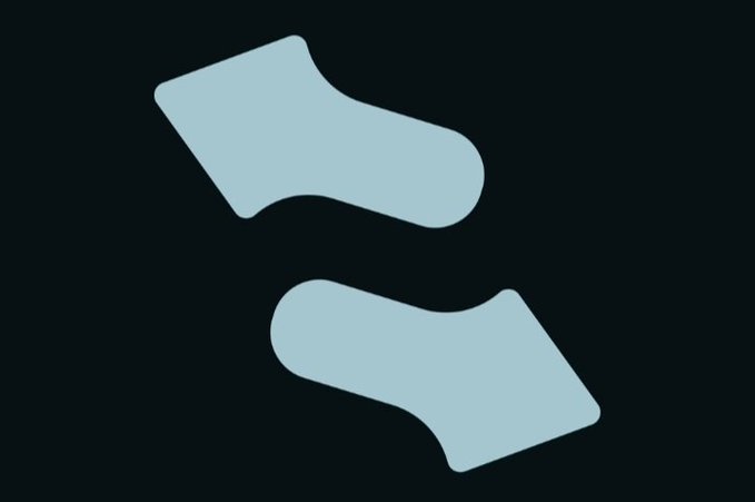 A minimalist image featuring two stylized light blue sock-like or footprint shapes angled diagonally against a dark background, visually reinforcing the "KnotsOnStonk" branding referenced in the post about the $KNOTS token and its 3% transfer tax feeding into the $STONK reward mechanism.