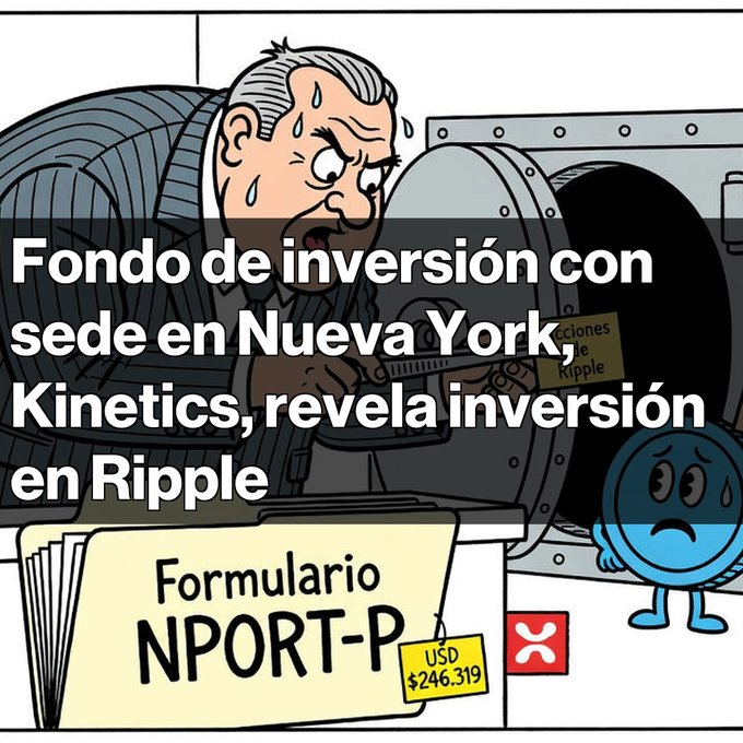A Spanish-language news graphic reading 'Fondo de inversión con sede en Nueva York, Kinetics, revela inversión en Ripple,' featuring a cartoon illustration of a sweating man examining an NPORT-P form and a sad Ripple coin mascot.