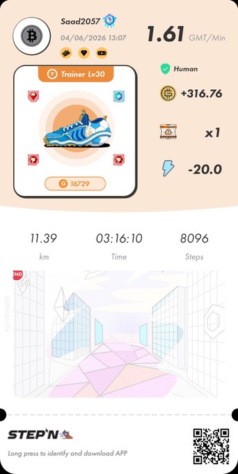 The image shows an advertisement for a fitness tracking app, which features a cartoon ladybug walking through a city scene with buildings of various sizes. The app's logo can be seen at the bottom left corner of the screen. The text on the screen reads "StepN" and "long paths identify red download AP".