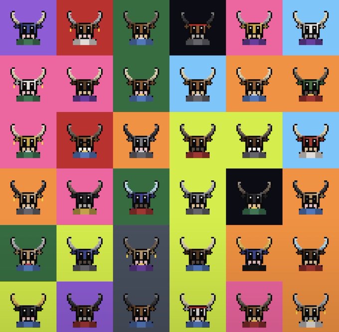 A colorful 6x6 grid of pixel-art horned warrior helmets on various bright background colors, matching the Herd NFT collection being given away in the promotional post.