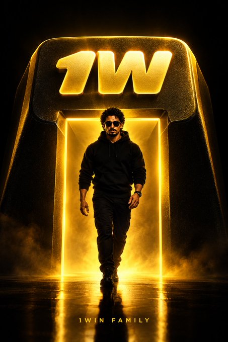 A stylized promotional poster featuring a man in black walking through a glowing golden doorway with the text '1WIN' and '1WIN FAMILY'.