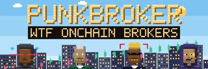 Pixel-art characters stand before a city skyline beneath bold text reading "PUNKBROKER" and "WTF ONCHAIN BROKERS," serving as the banner image for the @Punkbrokerwtf giveaway mentioned in the post.