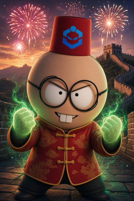 A cartoon egg-shaped character in a red Chinese martial arts outfit and fez hat stands before the Great Wall with green energy glowing from its fists, under a sky lit by fireworks. The image's quiet tension and martial readiness mirror the post's theme of poised anticipation, hinting that a powerful "click" moment is imminent but unspoken.