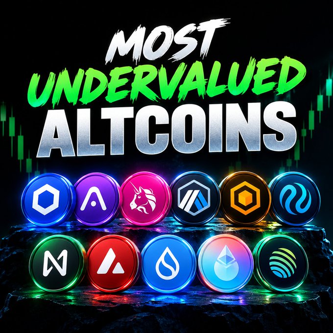 A promotional graphic titled 'MOST UNDERVALUED ALTCOINS' displaying various cryptocurrency coin logos including Chainlink, AAVE, Uniswap, and others against a dark background with candlestick charts.