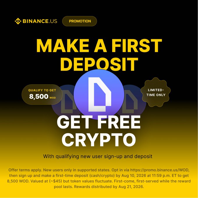 The image is a Binance.US promotional ad for new users that offers 8,500 $WOD tokens in free crypto for making a first-time deposit by August 10, 2026, with sign-up available at promo.binance.us/wod. The "GET FREE CRYPTO" and "LIMITED-TIME ONLY" badges highlight the urgency of the offer, which matches the accompanying post announcing the World of Dypians–sponsored welcome bonus.