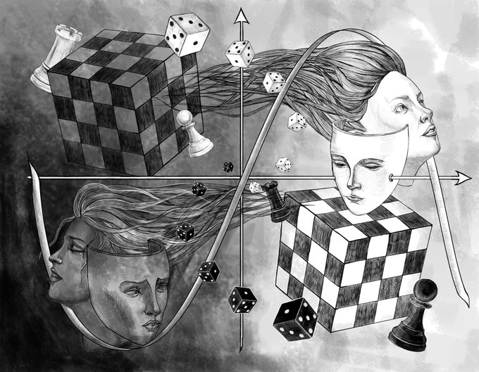 A monochromatic surrealist illustration featuring three women with flowing hair, two wearing masks, interspersed with oversized checkered cubes, scattered dice, and chess pieces arranged along intersecting directional arrows. The artwork's dreamlike, abstract composition with its play of light and shadow complements the post's poetic theme of journeying "From the Darkest Darkness to The Brightest Light," fitting for a 1:1 art piece listed at 200 xtz.
