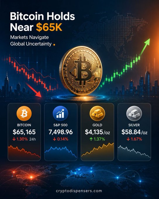 A crypto market infographic titled 'Bitcoin Holds Near $65K – Markets Navigate Global Uncertainty', showing Bitcoin at $65,165 (-1.30%), S&P 500 at 7,498.96 (-0.14%), Gold at $4,135/oz (+1.37%), and Silver at $58.84/oz (-1.67%) from cryptodispensers.com.