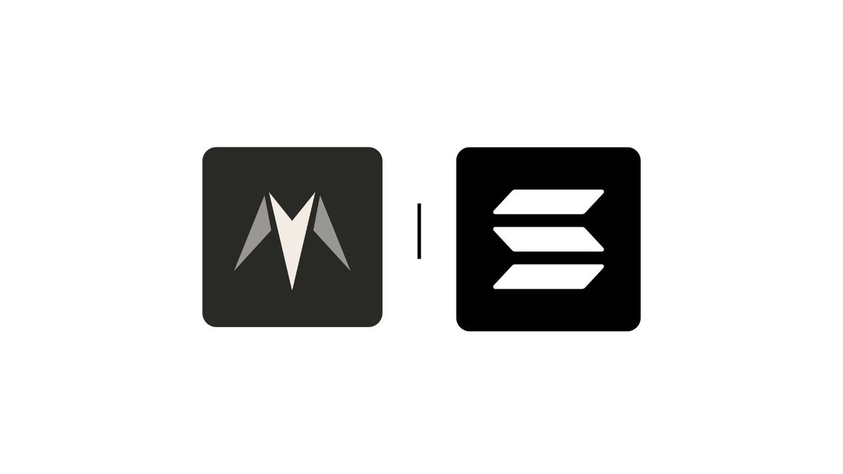 A minimalist graphic displays two black rounded-square icons on a light gray background: one with a stylized 'M' logo and the other with the three-line Solana logo.
