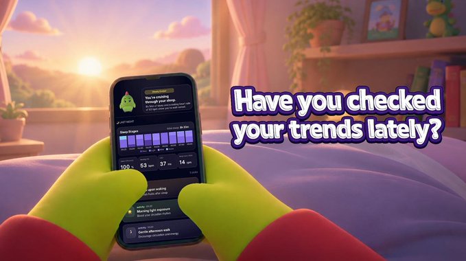 Animated 3D-style image of green hands holding a phone showing a sleep-tracking app, with the text "Have you checked your trends lately?" against a bedroom background.