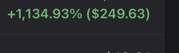 A dark screen displays green text showing '+1,134.93% ($249.63)' indicating a significant percentage gain.