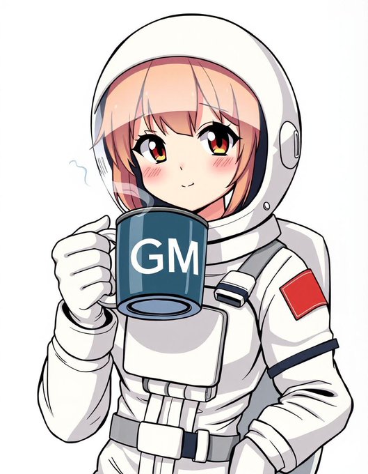 An anime-style illustration of an astronaut girl holding a mug labeled 'GM' (Good Morning) against a white background.