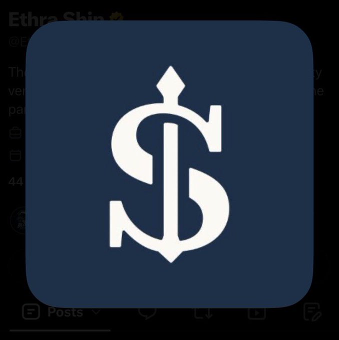 A stylized monogram logo with interlocking letters 'S' and 'C' in cream/white on a dark blue square background, overlaid on what appears to be a Twitter/X profile for 'Ethra Shin'.