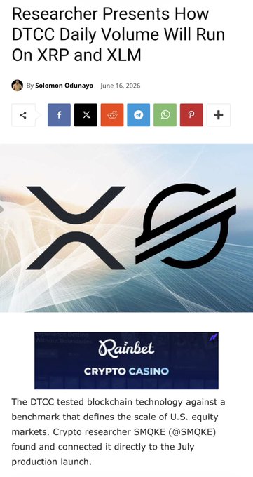 The focus of the image should be on the words "Researcher Presents How", which are written at the top of the post, and the title "100 million trades daily through the DTCC Soon to be on XRP and XLM". The background is a simple light brown color that helps the text stand out.